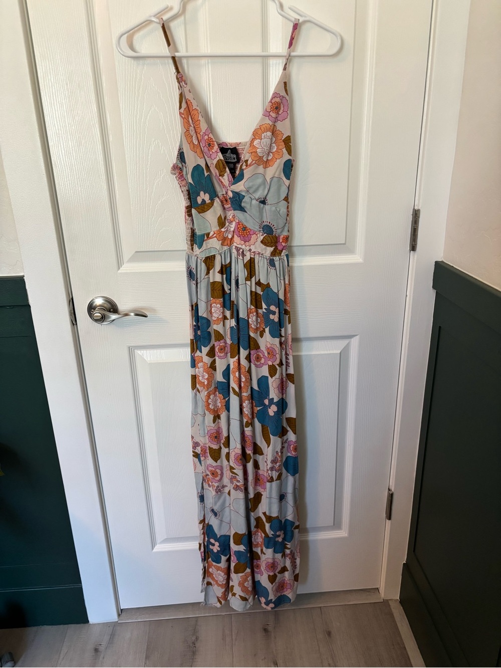Angie Floral Boho Maxi Dress Smocked Back Tie Front Large